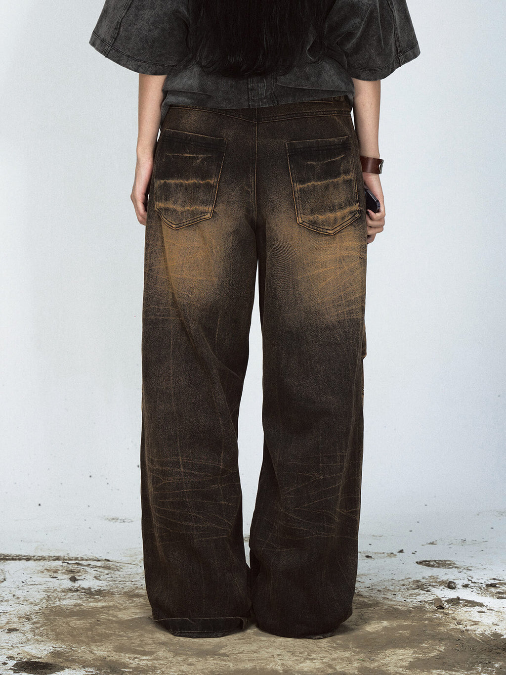 Peoplesense Mud-Dyed Lightning Cracked Wide-Leg Jeans