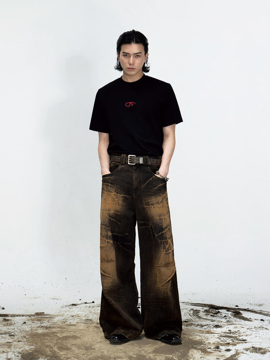 Peoplesense Mud-Dyed Lightning Cracked Wide-Leg Jeans
