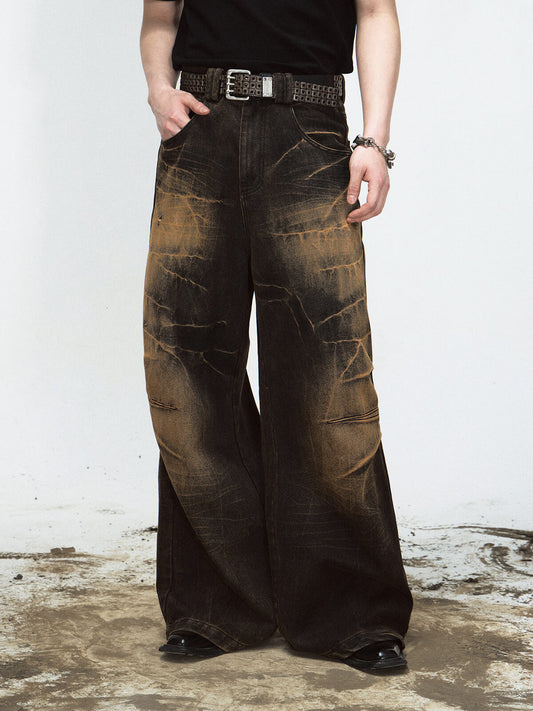 Peoplesense Mud-Dyed Lightning Cracked Wide-Leg Jeans